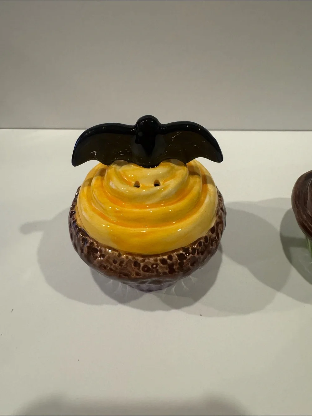 Halloween Ceramic Cupcake Bat and witch salt and pepper shakers